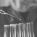 Black and white image of test tubes and a dropper filling them with clear liquid