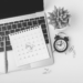 A computer a calendar and a plant